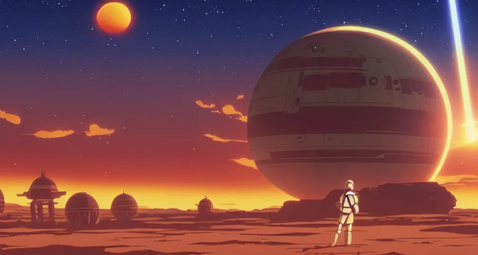 Image similar to beautiful wide shot tatooine landscape obi wan kenobi Luke skywalker droids binary sunset in Star Wars a new hope 1977 by studio ghibli, Miyazaki, animation, highly detailed, 70mm