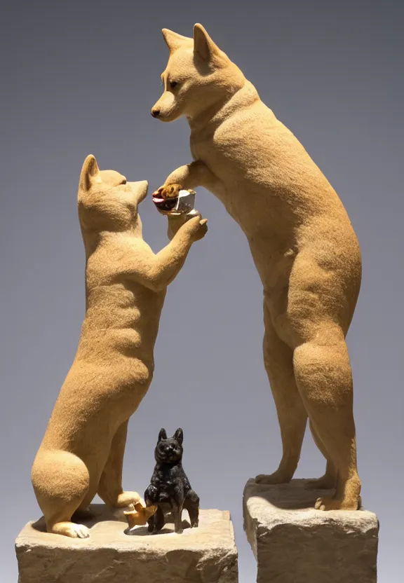 Image similar to ancient roman statue of a shiba inu feeding its young