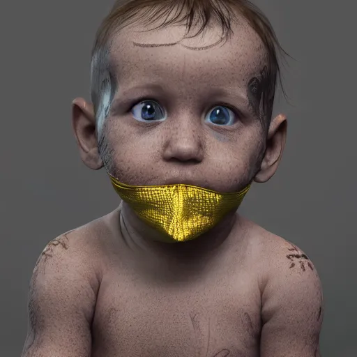 Image similar to 3D render of a baby covered in tattoos wearing a cloth balaclava and showing its gold grill on its teeth, octane render, 3d, cinema4d, cgsociety, artstation