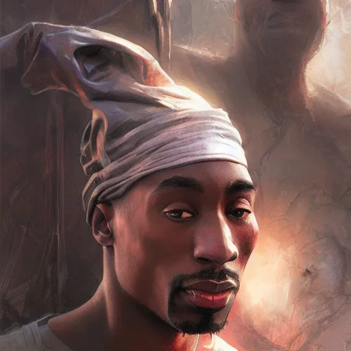 Prompt: tupac shakur, dim light, front game card, marvel comics, dark, intricate, highly detailed, smooth, artstation, digital illustration by ruan jia and mandy jurgens and artgerm and wayne barlowe and greg rutkowski and zdislaw beksinski