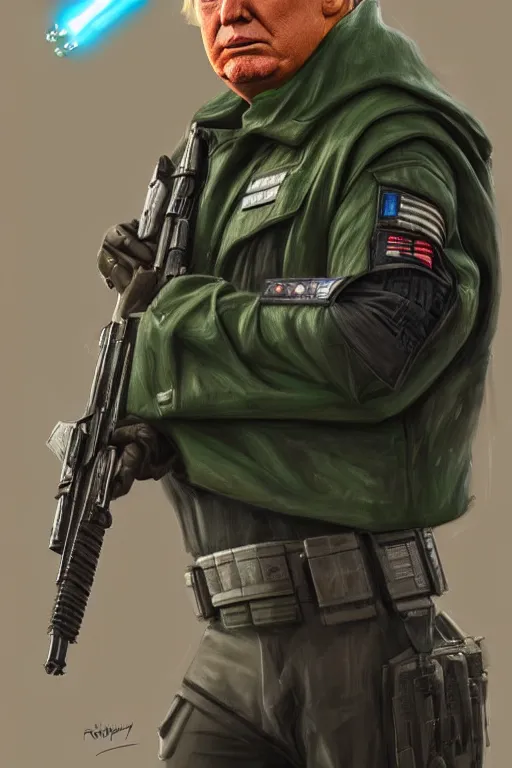 Image similar to Donald Trump as a Rebel Soldier from Star Wars, green camoflauge, realistic portrait, symmetrical, highly detailed, digital painting, artstation, concept art, smooth, sharp focus, cinematic lighting, art by Ralph McQuarry