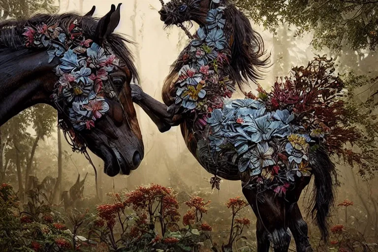 Image similar to a stunning horse made of gnarled wood and plants by sandra chevrier and greg rutkowski, high key lighting, volumetric light, digital art, highly detailed, fine detail, intricate, ornate, complex, octane render, unreal engine, photorealistic