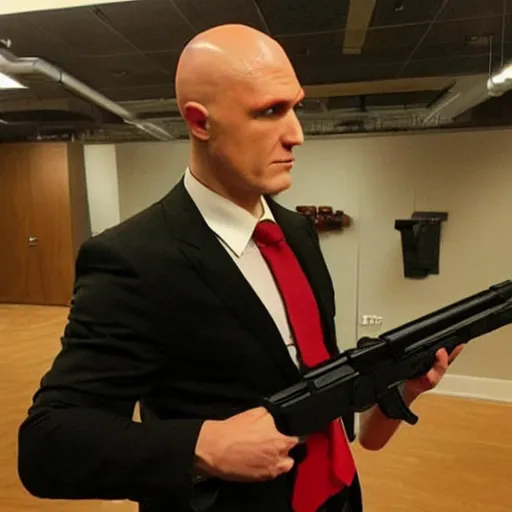 Image similar to agent 47 crochets a gun