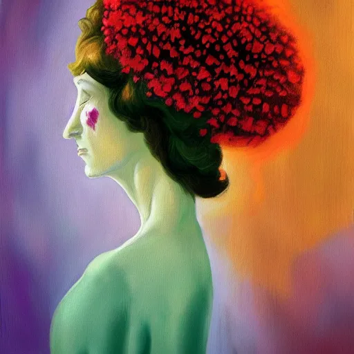 Image similar to huge flower as head, woman standing in a luxury apartment, surreal, dramatic light, impressionist painting, digital painting, artstation, georgia o'keeffe