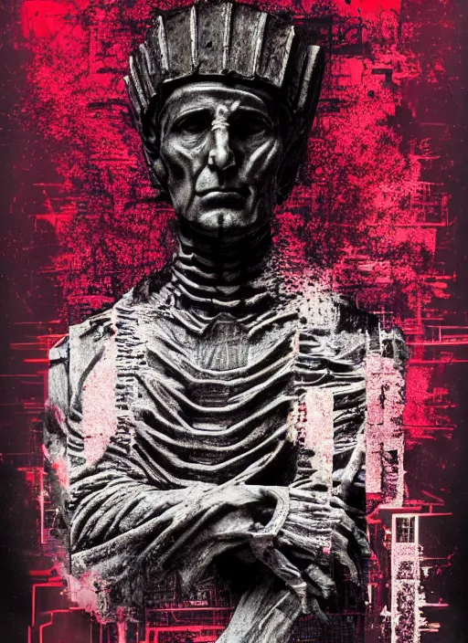 Prompt: dark design poster showing a statue of julius caesar, skeleton, black background with very subtle red and purple design elements, powerful, nekro, vito acconci, thin straight lines, dark, glitch art, neo vaporwave, gritty, layout frame, square, trending on artstation