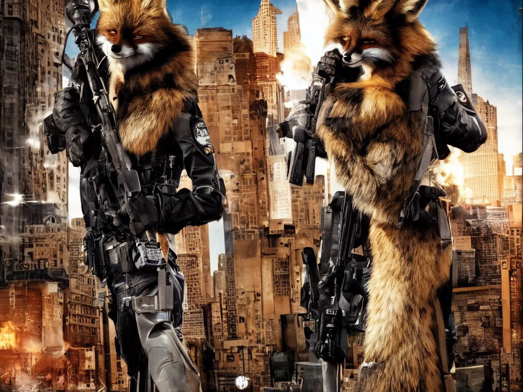 Image similar to movie poster anthro fox furry in the tv show 24, wearing an awesome uniform, city streets, fursona, anthropomorphic, furry fandom, film still