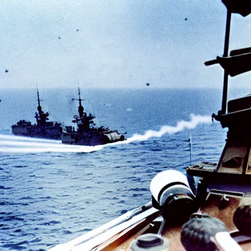 Image similar to view from the deck of a batteship firing a broadside, kamikaze planes diving, world war ii, high resolution colour photo