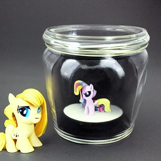 Image similar to a my little pony figurine inside a jar ; the jar is filled with a mysterious sticky yellowish fluid