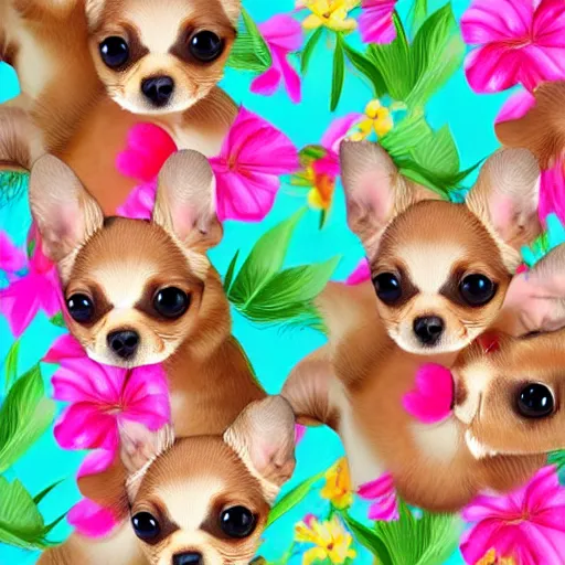 Image similar to small chihuahua puppies with beautiful and tropical clothes, digital art