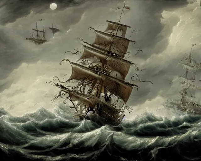 Prompt: a 16th century galleon warship being attacked by the kraken with huge octopus tentacles on the dark, stormy seas with huge waves. The air is full of cannon fire and smoke. hyperealistic, intricate detail, 8k, cinematic, trending on artstation