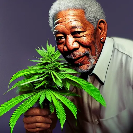 Prompt: Morgan freeman holding a giant marijuana plant, amazing digital art, highly detailed, trending on artstation