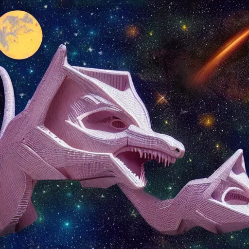 Image similar to accurate by peter eisenman, by sarah sze wisteria, cinematic lighting. a digital art of a dragon in space. the dragon is in the foreground with its mouth open rows of sharp teeth. coiled & ready to strike, its tail is wrapped around a star in the background. background is full of stars & galaxies.