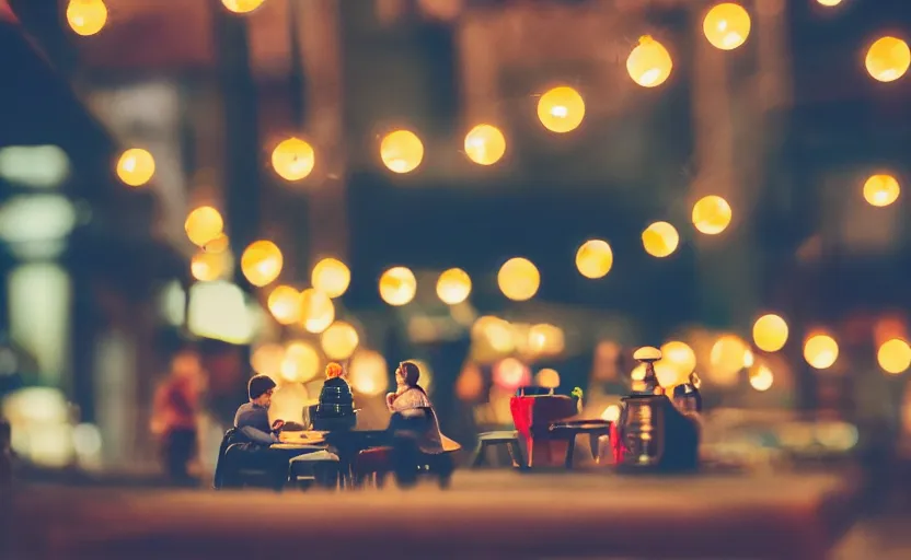 Image similar to miniature cafe diorama macro photography, cafe for mice, alleyway, ambient, atmospheric, british, bokeh, romantic, colorful paper lanterns