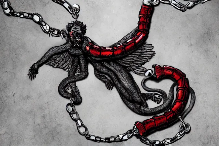 Prompt: lucifer, dark angel, hybrid human with snake, red eyes, chain, handcuffs, large chain, wide open mouth, scream, cruelty, sea bottom, light effect, hyper detailed