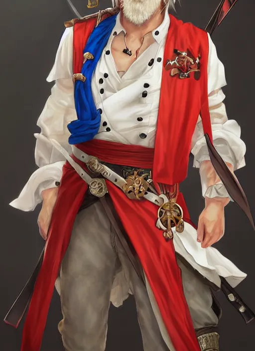 Prompt: a pirate king, old - trimmed uniform with a red sash around his waist, stern expression, blue eyes. portrait. sun rays. hd, 8 k. anime. final fantasy concept art. artwork by wen yu li, art by wen yu li.