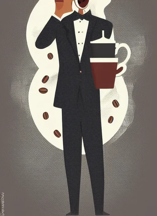Prompt: coffee man - productivity super hero character, digital illustration of a male in a tailored suit with the coat unbuttoned with a steaming cup of coffee in a mug for a head, trending on arstation by artgerm and mucha