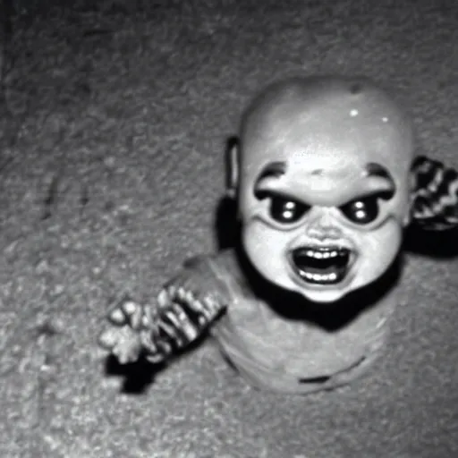 Image similar to security camera footage of screaming chucky doll crawling on the ceiling