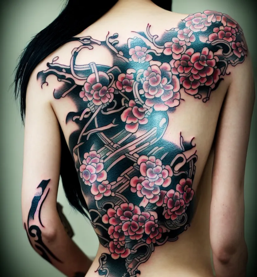 female back with japanese tattoos Stock Photo - Alamy