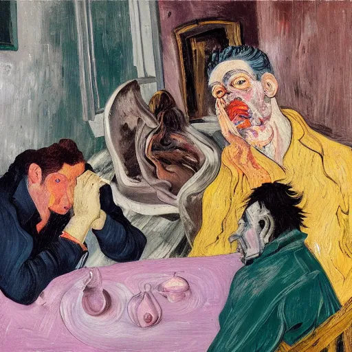 Image similar to high quality high detail expressionist painting of a man in agony by lucian freud and jenny saville and francis bacon and francisco goya and vincent van gogh, hd, anxiety, seated at table with friend in a living room crying and screaming, turquoise and purple and orange and pink
