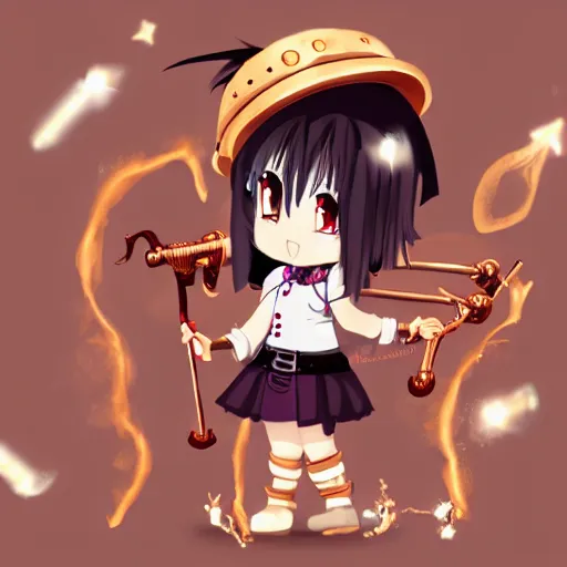 Image similar to anime girl with steampunk weapons stabbing giant marshmallows, surreal, lush, cute animation, anime, finely detailed, steampunk armor, copper, particles,