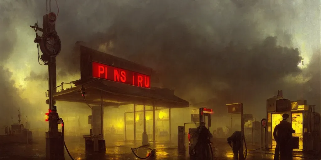 Image similar to a gas station in 1 9 4 0 with yellow and red light in the middle of the night, a men stand up next to the pump, mystical blue fog, oil on canvas, art by andreas achenbach, clemens ascher, tom bagshaw and sabbas apterus,