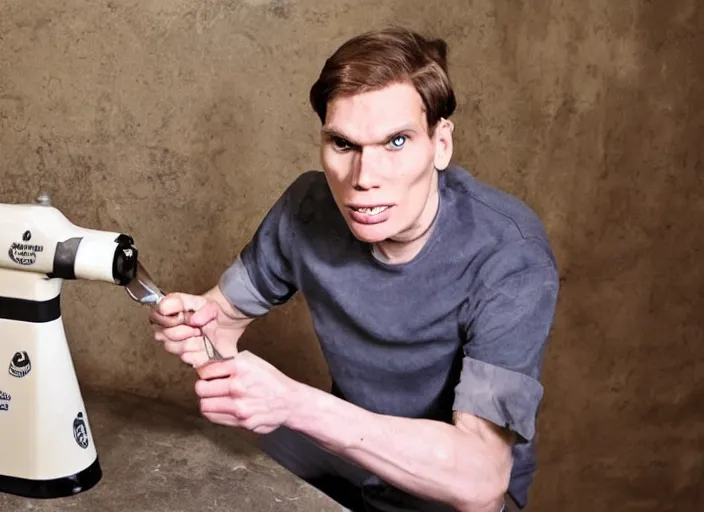 Image similar to jerma with a shocked expression towards the camera while he’s using a meat grinder in a dark basement
