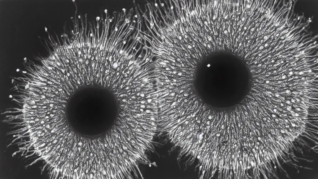 Image similar to a beautiful microscopic scientific photo of a coronavirus and a smiley face seen through the electron microscope, dark, sinister, detailed, by philip henry gosse and ernst haeckel