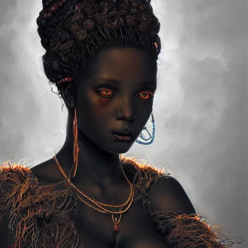 Prompt: Photorealistic ebony goddess in the style of Michael Whelan and Gustave Dore. Hyperdetailed photorealism, 108 megapixels, amazing depth, glowing rich colors, powerful imagery, psychedelic Overtones, 3D finalrender, 3d shading, cinematic lighting, artstation concept art