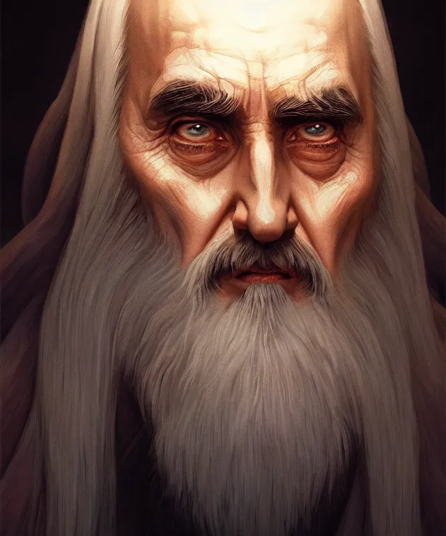 Image similar to portrait saruman, bandaid across his nose, caricature, headshot, highly detailed, digital painting, artstation, concept art, sharp focus, cinematic lighting, illustration, art by met mangindaan, artgerm and greg rutkowski, alphonse mucha, cgsociety