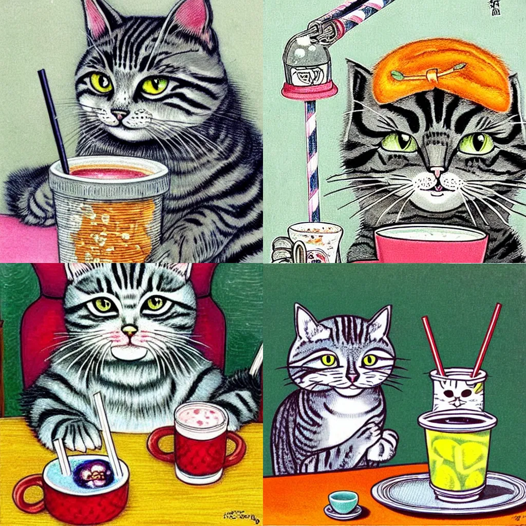 Image similar to a gray tabby cat, with a white nose, drinking boba tea with a straw - by louis wain. highly detailed. cute.