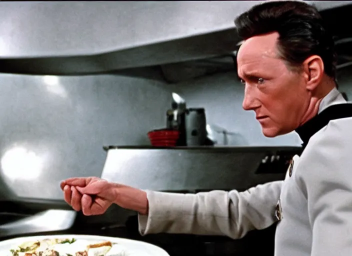 Prompt: film still of Data working as a short order cook in Star Trek the Next Generation