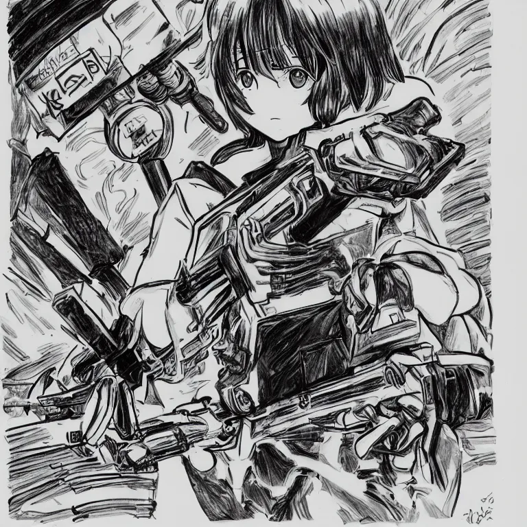 Prompt: manga sketch of a girl wielding a rotary buzzsaw