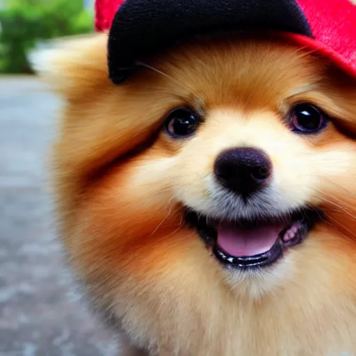 Image similar to close - up of a pomeranian wearing a a hat that reads women want me fish fear me, high resolution photo