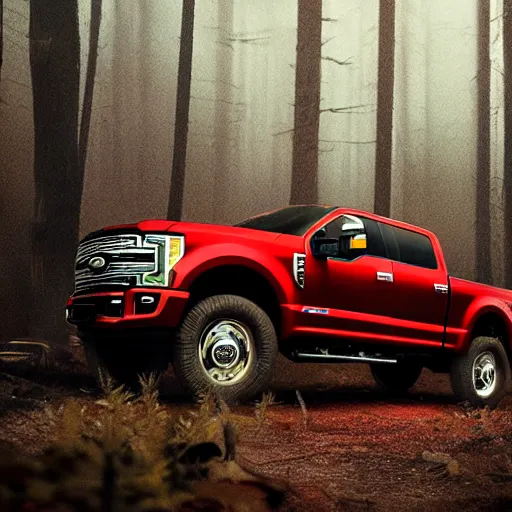 Prompt: red Ford F-250 super duty pickup truck (2018), an epic fantasy, dramatic lighting, cinematic, establishing shot, extremely high detail, photorealistic, cinematic lighting, artstation, by simon stalenhag, driving on a forest trail