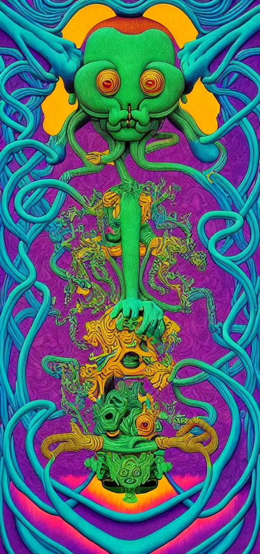 Image similar to dmt creature portraits in the style of kaws, victo ngai, lisa frank, francis goya, basil wolverton, roy litchenstein, mc escher style