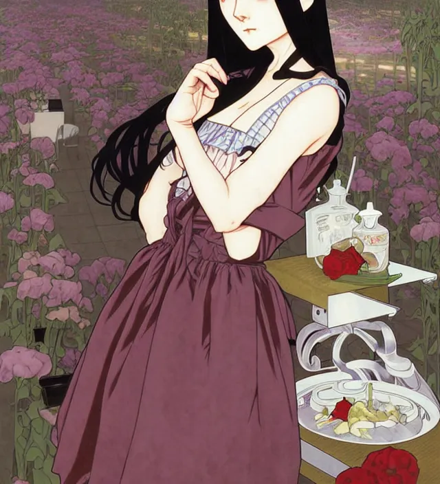 Image similar to portrait of a morbid 18 year old young woman wearing a cottage-core aesthetic dress with straight silky black hair, in a butcher shop, queen of sharp razor blades, in the style of Range Murata and by Alphonse Mucha and by Katsuhiro Otomo.