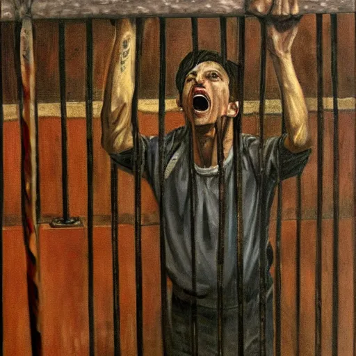 Image similar to a screaming prisoner holding prison bars, realism old painting, oil painting