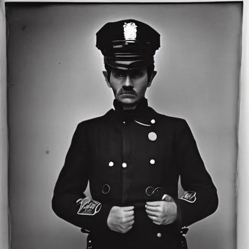 Image similar to portrait of a detailed police officer photo by Diane Arbus and Louis Daguerre