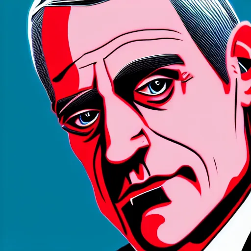 Image similar to digital portrait of secretary of denis mcdonough face with solid featureless eyes, cover art of graphic novel, evil laugh, menacing, Machiavellian puppetmaster, villain, simple style, solid colors, clean lines, clean ink, trending on artstation