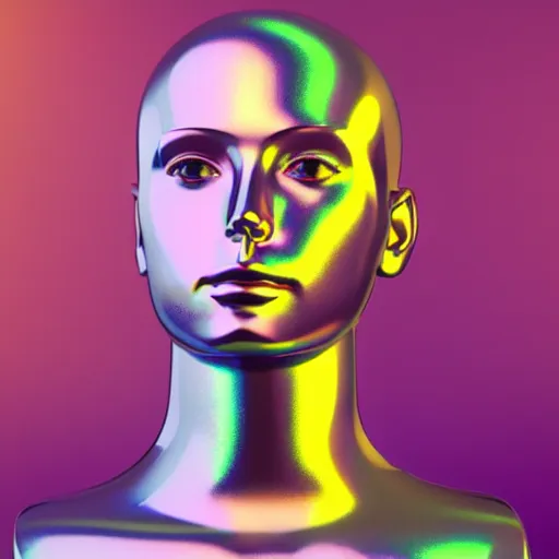 Image similar to 3d render of holographic human robotic head made of glossy iridescent, surrealistic 3d illustration of a human face non-binary, non binary model, 3d model human, cryengine, made of holographic texture, holographic material, holographic rainbow, concept of cyborg and artificial intelligence