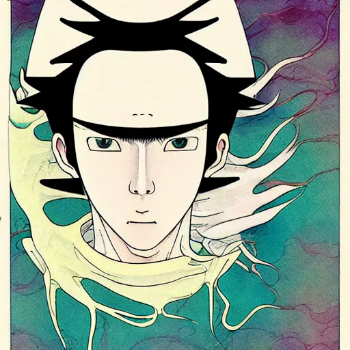 Image similar to prompt: Fragile looking flat colors portrait face drawn by Katsuhiro Otomo and Masashi Kishimoto, inspired by Ghost in Shell anime and superflat color, magical and alchemical objects on the side, soft light, monochrome background, intricate detail, intricate ink painting detail, sharp high detail, manga and anime 2000