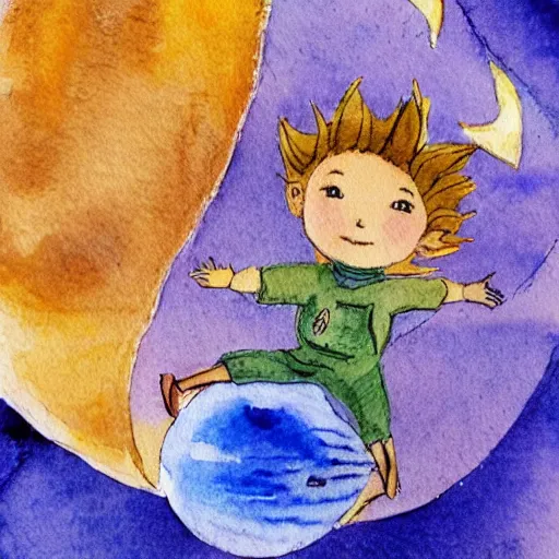 Prompt: the little prince on a little planet floating in space, original watercolors by exupery