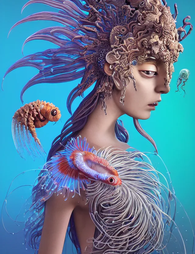 Image similar to 3 d goddess close - up profile portrait with ram skull. beautiful intricately detailed japanese crow jellyfish phoenix, bio luminescent, plasma kitsune mask and clasical japanese kimono. betta fish, jellyfish phoenix, bio luminescent, plasma, ice, water, wind, creature, artwork by tooth wu and wlop and beeple and greg rutkowski