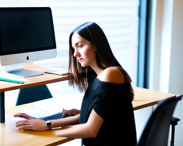 Prompt: social media manager sitting at her desk