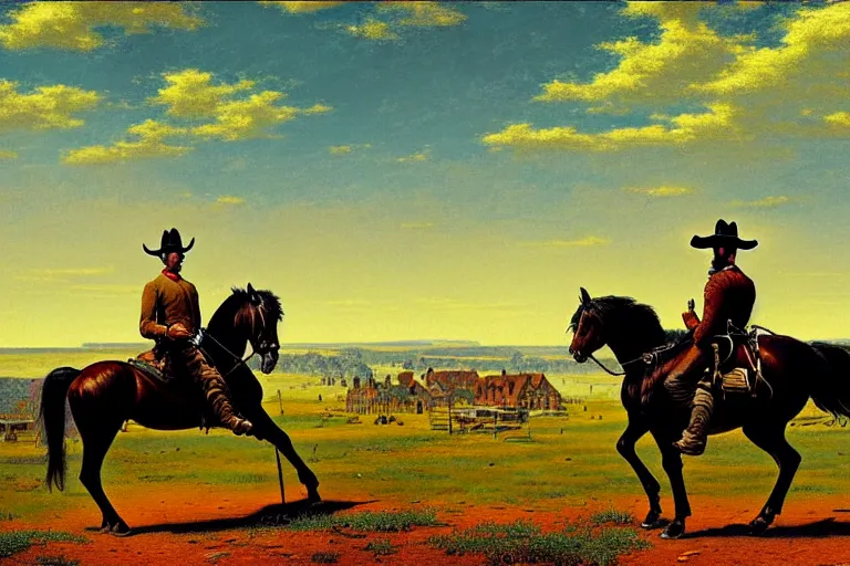 Image similar to an extremely detailed masterpiece of a 1 8 9 0's gunslinger on his horse overlooking an old town, in the style of frederic remington and charles marion russell, digital art