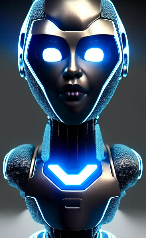 Image similar to friendly humanoid cyber robot, award winning, portrait bust, symmetry, faded colors, cypherpunk background, masterpiece, trending on artstation, cinematic composition, beautiful lighting, hyper detailed!!!, by alan blackwell, 8 k, unreal engine 5