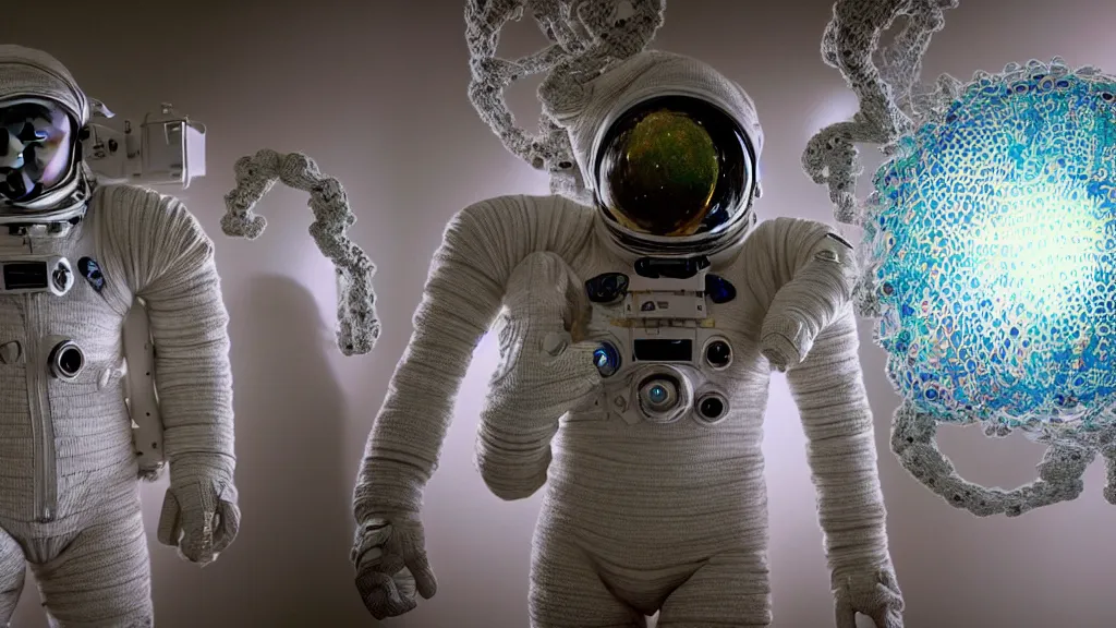 Image similar to a cybernetic symbiosis of a single astronaut eva suit made of wearing knitted yarn thread infected with diamond 3d fractal lace iridescent bubble 3d skin covered with insectoid compound eye camera lenses floats through the living room, film still from the movie directed by Denis Villeneuve with art direction by Salvador Dalí, wide lens,