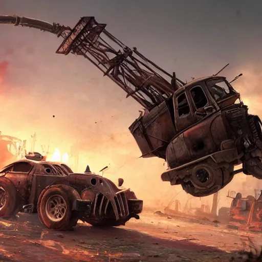 Image similar to crossout car destroyed, hyper realistic, very detailed, realistic lighting, fantasy, 4 k, in the style of greg rutkowski,