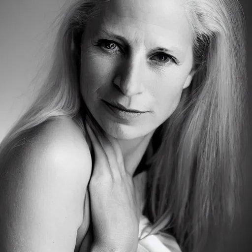 Prompt: black and white portrait of a blonde woman by annie leibovitz in 4 k ultra high resolution and with medium shot photo