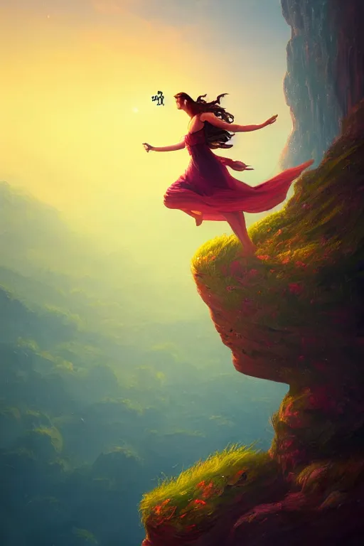 Image similar to the fool tarot card, a maiden dances on the edge of a cliff with a little dog barking beside her, 8 k resolution digital painting, cinematic lighting, deviantart artstation, by alena aenami, by michael whelan, bokeh, behance hd